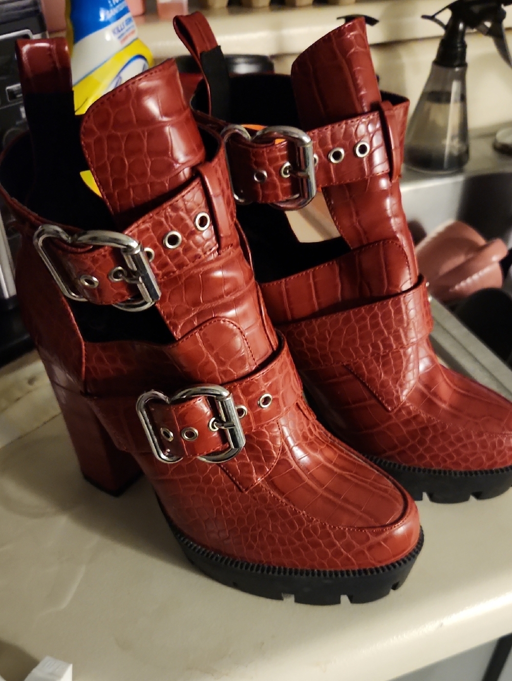 Miss Lola Rust Red Croc-Embossed Buckle Block Heel Ankle Boots